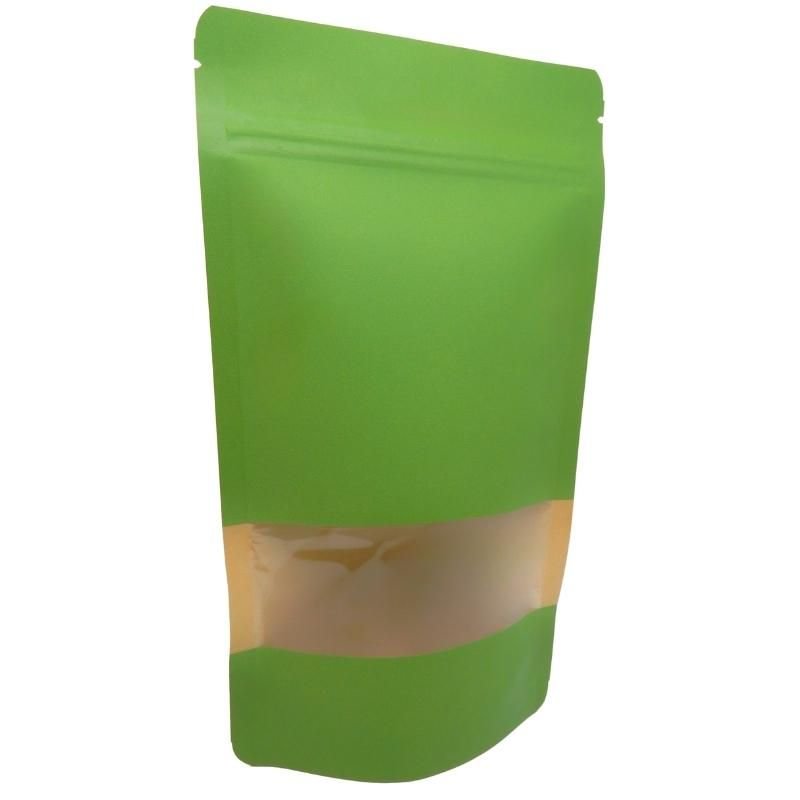 Stand up pouch kraft paper green with zipper and window aluminum free
