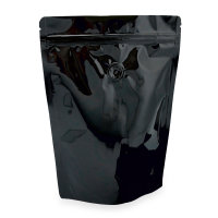 Stand up pouch with valve and zipper black glossy 250g.