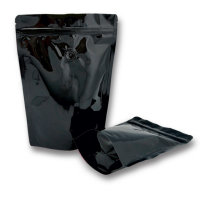 Stand up pouch with valve and zipper black glossy 250g.