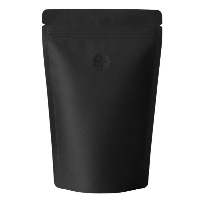 Standbodenbeutel Kraftpapier schwarz mit Ventil und Zipper 250g.