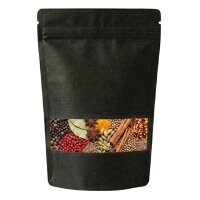 Standbodenbeutel Kraftpapier schwarz bedruckt mit Zipper und Fenster Alufrei