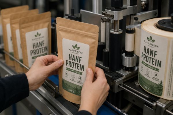 Labeling service: a label being applied to a packaging pouch