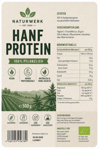 Example label with ingredient list and nutrition table under the FIC Regulation